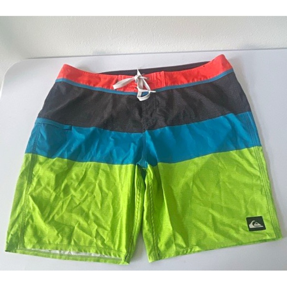 Quiksilver Men's Board Shorts Size 38 Striped Green Blue Gray Orange Drawstring